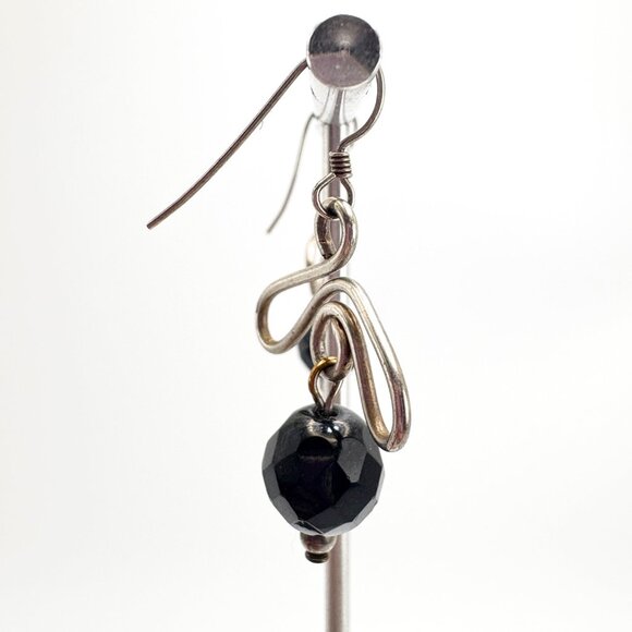 VTG Sterling Silver 925 Black Bead Freeform Dangle Earrings Size 1.5" Length - Picture 2 of 8